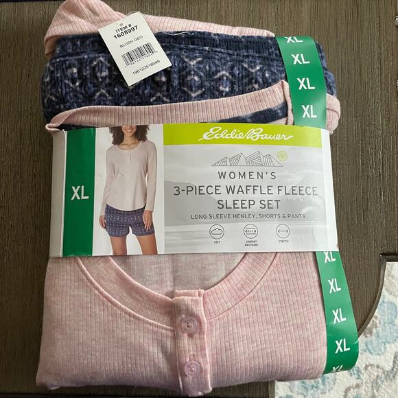 Eddie Bauer Ladies's 3-Piece Waffle Fleece Winter Pajama Set XL Pink Blue Nwt - Picture 5 of 5